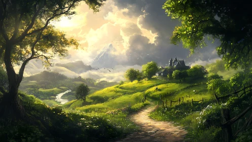 Sunlit valley path curves toward distant hilltop castle.