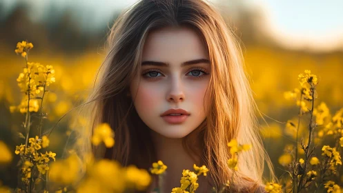 Golden hour girl surrounded by soft yellow wildflowers.