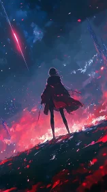 Lone cloaked warrior surveys burning cosmic horizon.