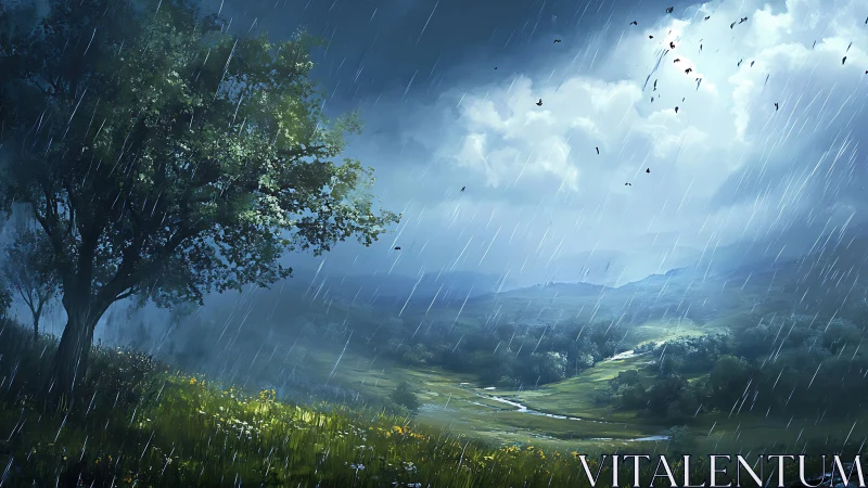 Solitary hillside tree greeting a rain-washed valley glow.