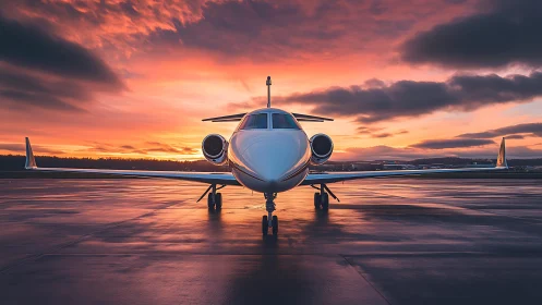 Sleek private jet waiting beneath a glowing sunrise sky.