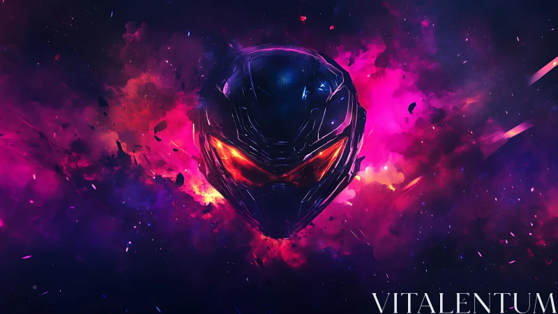 Neon cosmic helmet gazing through swirling galactic fire.