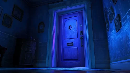 Midnight blue door hums with quiet, otherworldly promise.