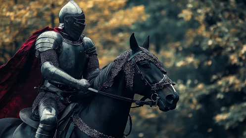 Armored medieval knight on horseback in forest setting.