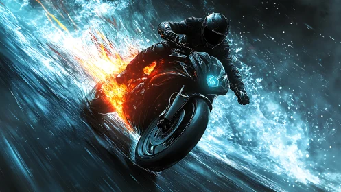 Midnight storm rider carves fire and ice across wet asphalt