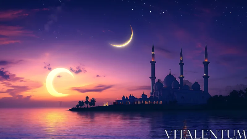 Mosque silhouette under twin crescents at violet dusk.
