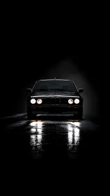 Midnight coupe prowls through darkness on slick neon asphalt.