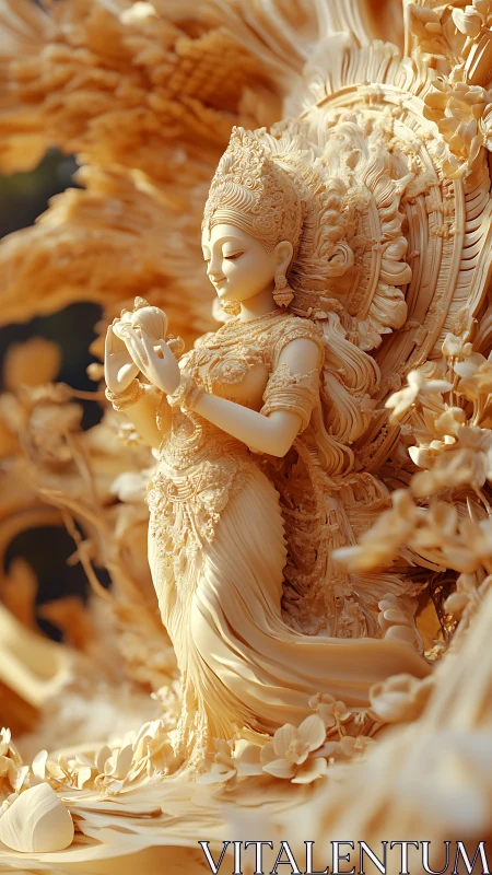 Ornate golden goddess sculpture with flowing carved drapery.