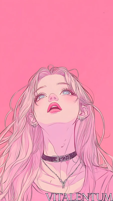 High-contrast pink portrait of girl in choker, low viewpoint