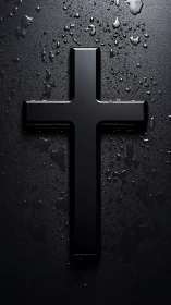 Glossy black cruciform emblem on wet textured substrate.