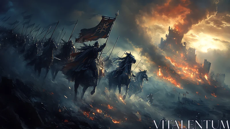 Armored cavalry charge toward conflagrated fortress stronghold.