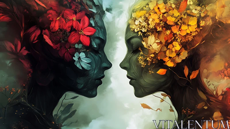 Dual floral goddesses in mirrored elemental contrast.