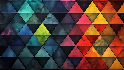 Geometric triangle wall blends cool teal shadows with fiery warmth