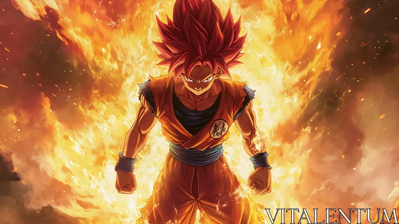Fiery anime warrior stands within explosive blazing aura