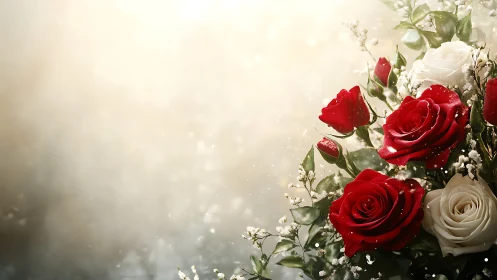Red and Ivory Roses Against Luminous Bokeh Background.