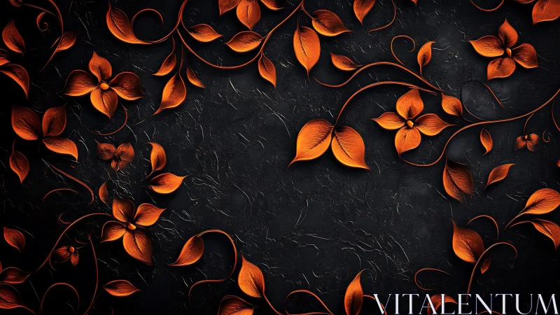 Embossed metallic orange floral vines on textured charcoal ground