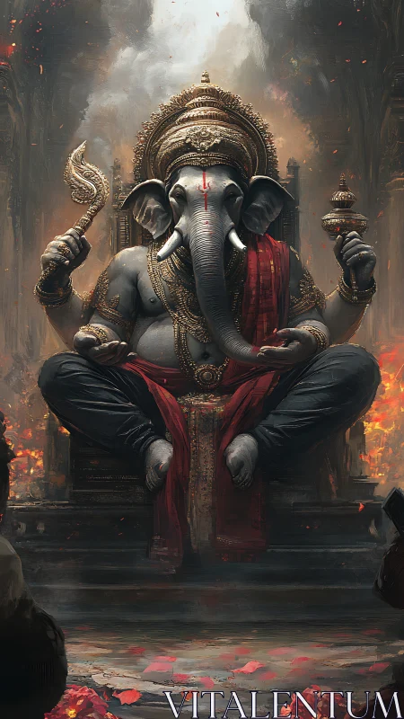 Elephant-headed deity seated on ornate throne in temple