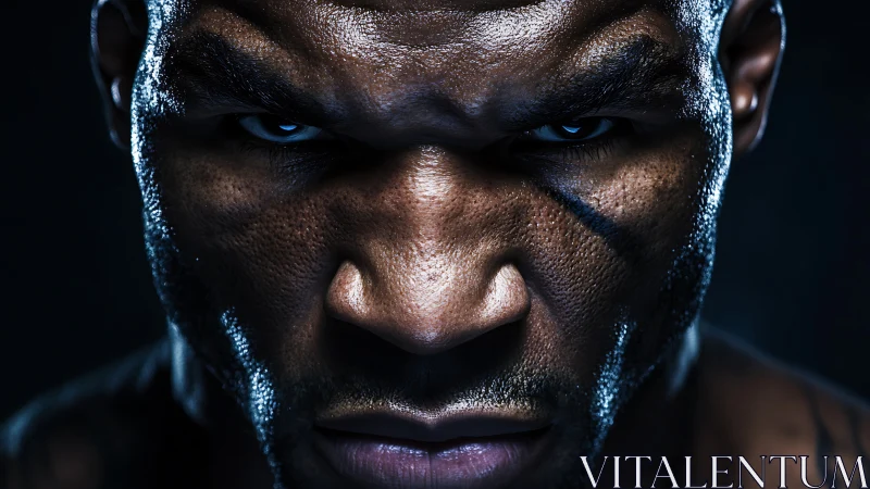 Dramatic portrait with piercing blue eyes and studio lighting.