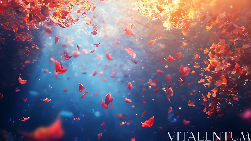 Glowing autumn leaves drift gently through a dreamy blue sky