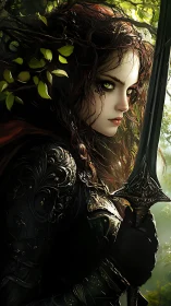 Forest warrior holds ornate sword under dappled light
