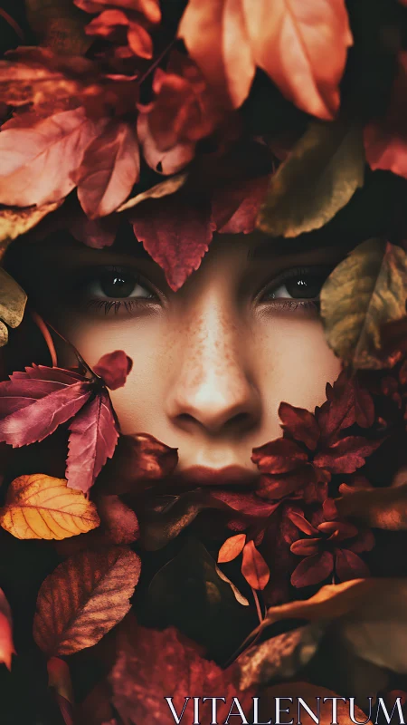 Human face framed by dense autumn foliage in close focus.