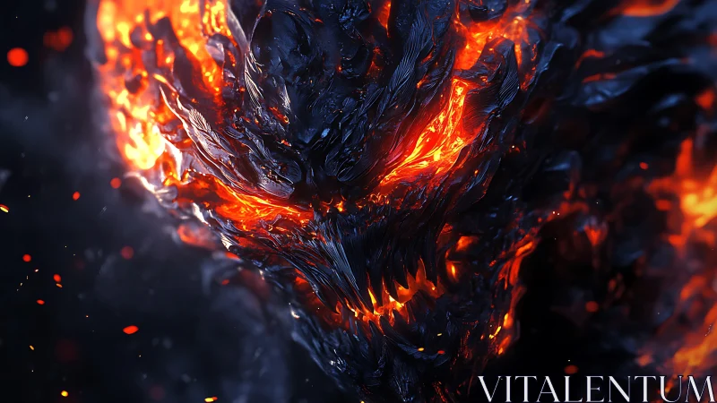 Molten lava demon face emerges from dark, charred textures