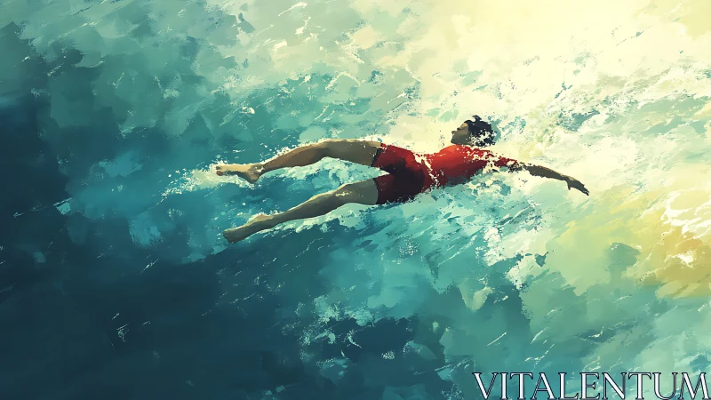 Swimmer in red drifts through sunlit turquoise water peacefully.