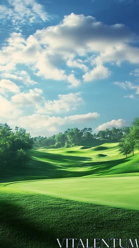 Golf course fairway under scattered cumulus cloud cover.