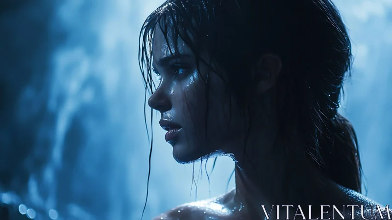 Side-lit wet portrait in cool blue atmospheric backlight