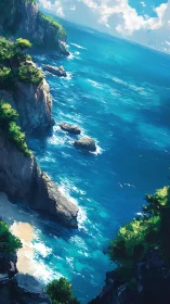 Sunlit coastal cliffs with turquoise surf and secluded cove.