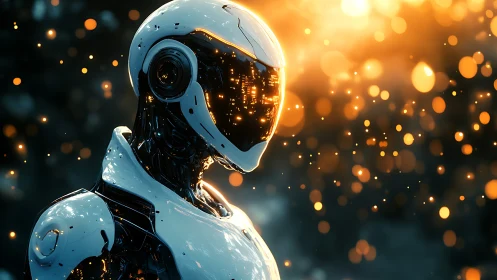 Futuristic android gazes through glowing datalit visor at dusk.