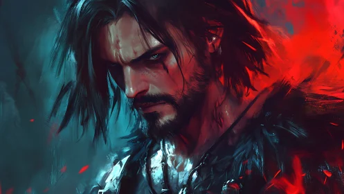 Brooding warrior portrait in split red and teal lighting, digital