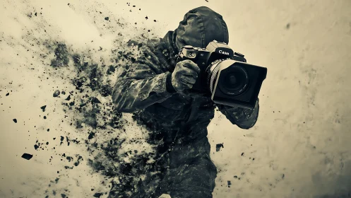 Digital painting of disintegrating action photographer figure.