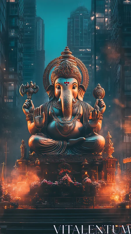 Monumental Ganesha sculpture radiates warm light in cyber city