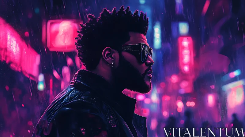 Neon-soaked cybernetic portrait in rain-swept nightscape.