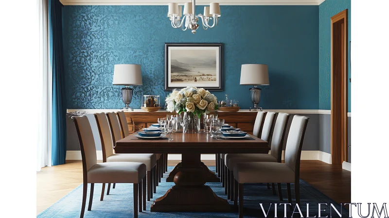 Elegant teal dining room with long wooden table and chairs.