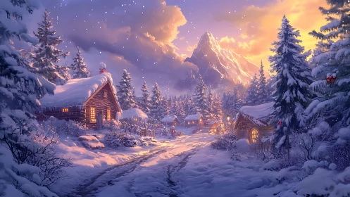Snowy mountain village glowing with cozy winter magic.