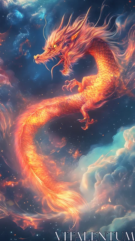 Coiled luminous dragon rendered in a detailed nebular sky