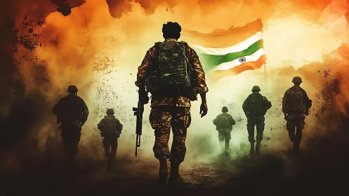 Backlit soldiers advance through smoke toward waving Indian flag