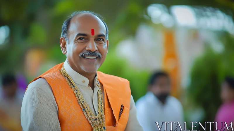 Smiling elder in festive Indian attire radiates warmth.
