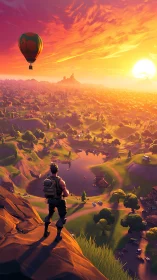 Sunset hero gazes over a glowing valley of adventure