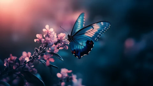 Macro capture of blue butterfly on pink blossoms at dusk