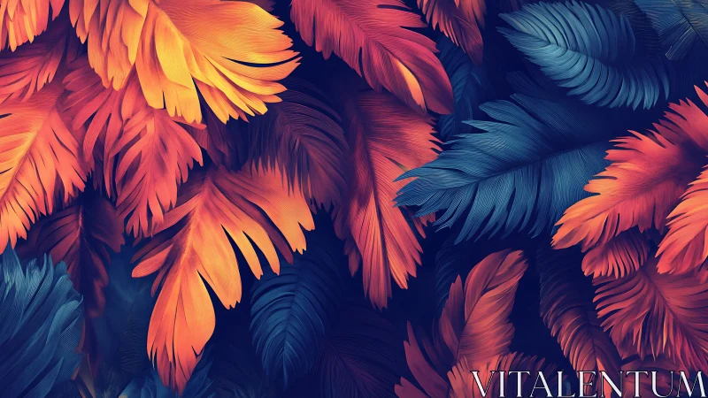 Digital rendering depicts layered orange and blue feathers