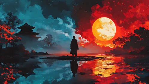 Bipolar chromatic landscape with lone figure and solar disc.