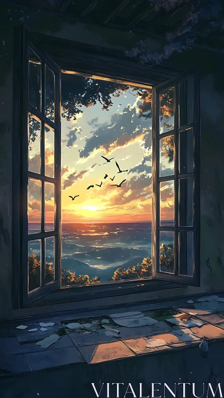 Sunset landscape viewed through open window in old room