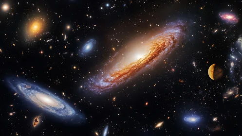 Spiral galaxy waltz swirling through a jeweled deep cosmos.