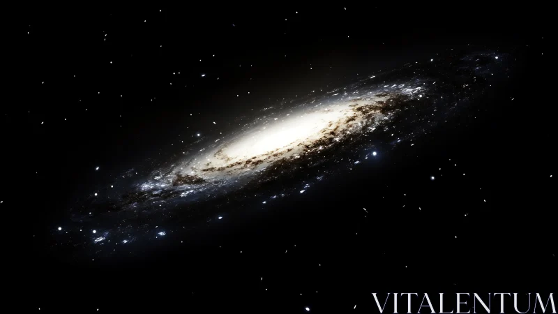 Spiral galaxy disk with bright core in deep black space.