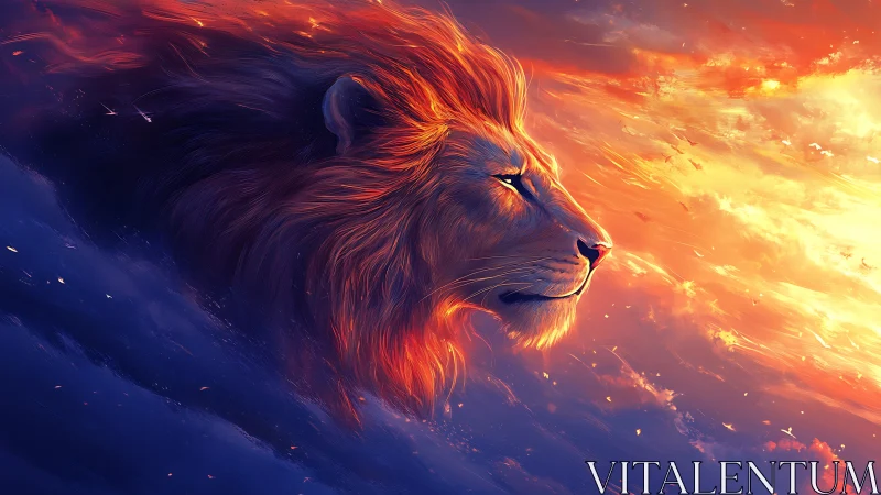 Lion profile rendered in intense blue and orange light