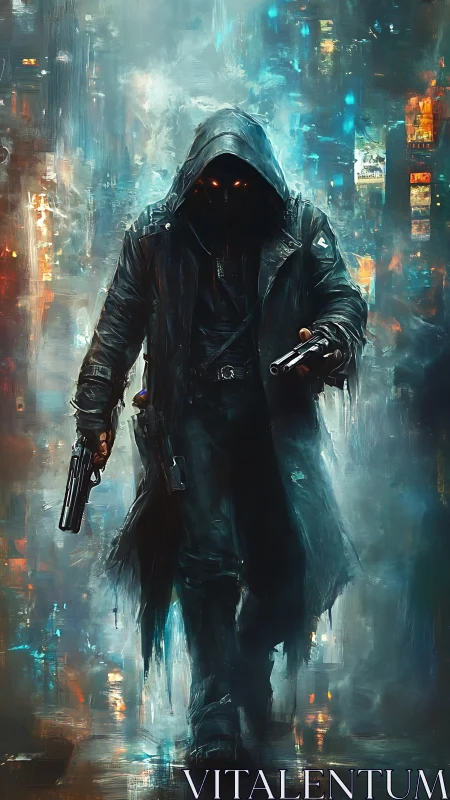 Hooded gunslinger strides through neon storm and painted smoke
