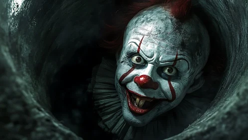 Grinning sewer clown stretches toward the camera with glee